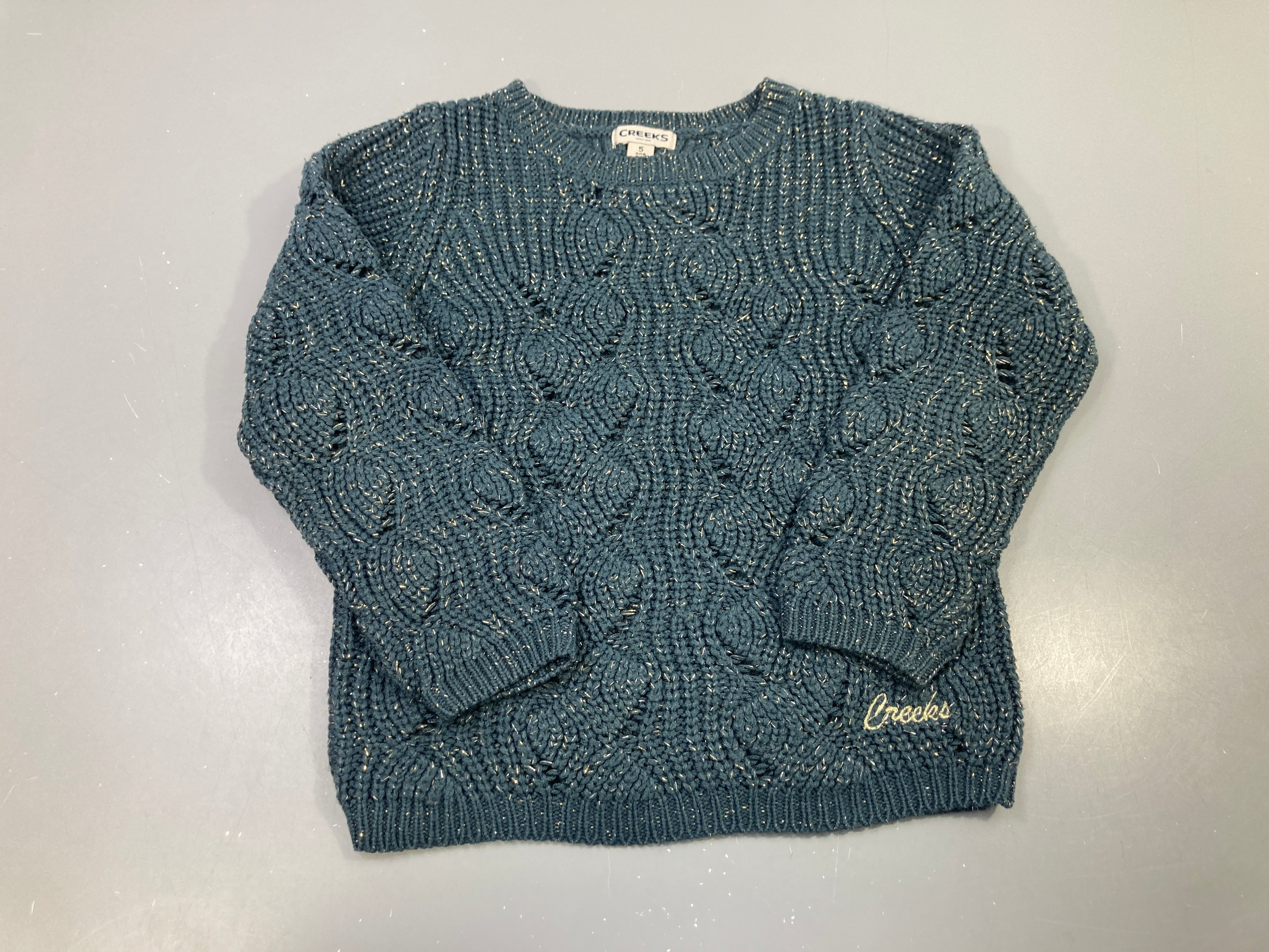 Pull mailles ajourées bleu chiné fil métalisé doré, Creeks