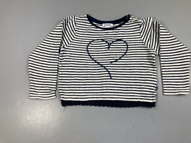 Pull blanc rayé bleu foncé coeur, moins cher chez Petit Kiwi