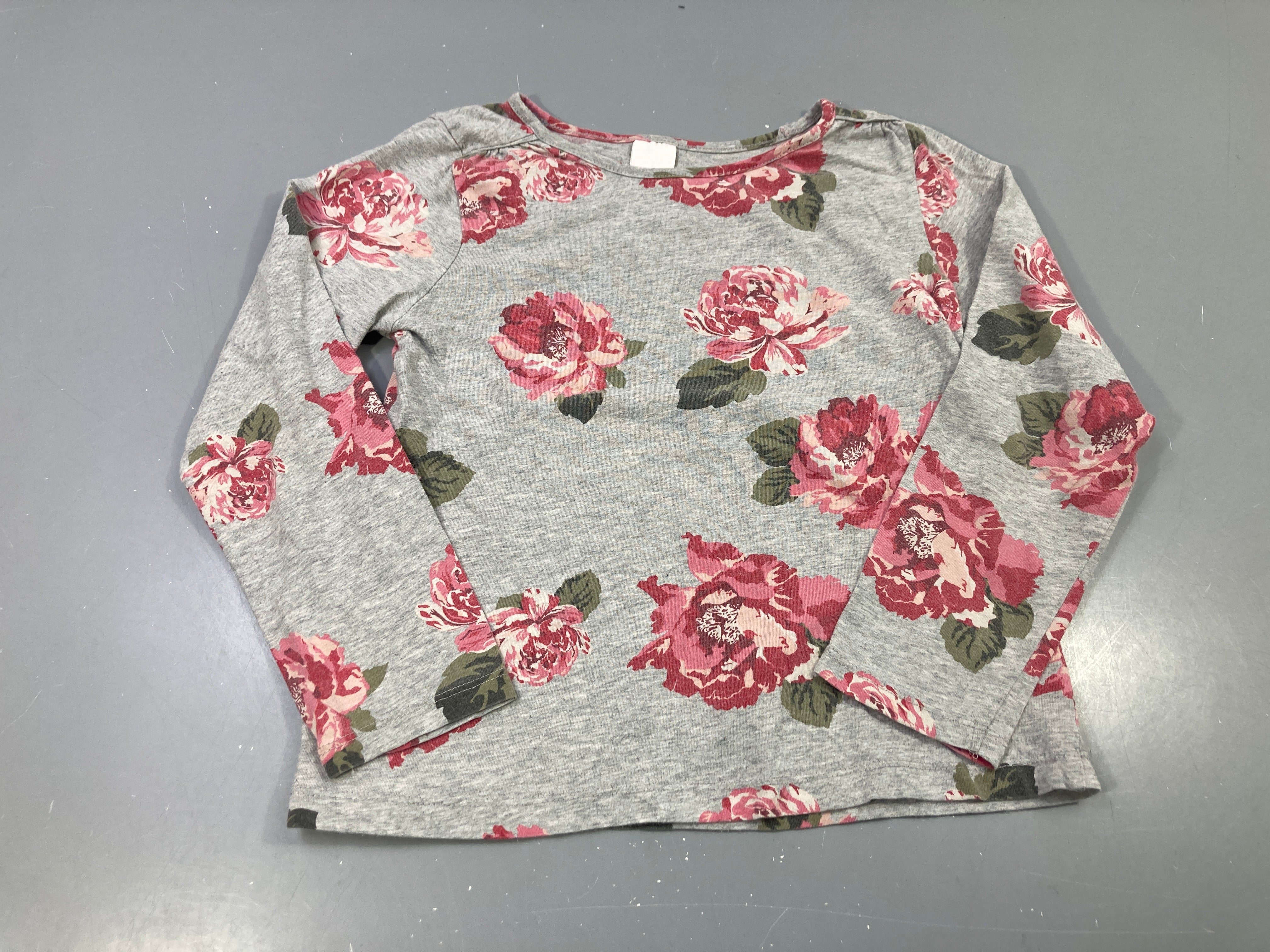 T-shirt m.l gris chiné fleuri roses