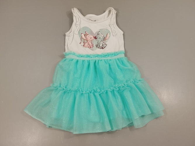Robe s.m dessus jersey blanc Stitch et Angel, dessous tulle bleu à paillettes, moins cher chez Petit Kiwi