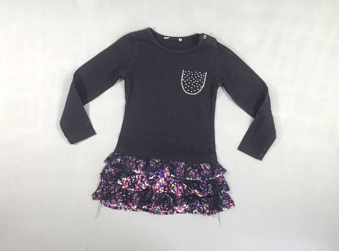 Robe bi-matière m.l bleu foncé poche strass, bas fleuri tulle, moins cher chez Petit Kiwi