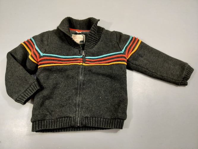 Gilet zippé anthracite , lignes de couleurs au niveau de la poitrine , doublé pilou, moins cher chez Petit Kiwi
