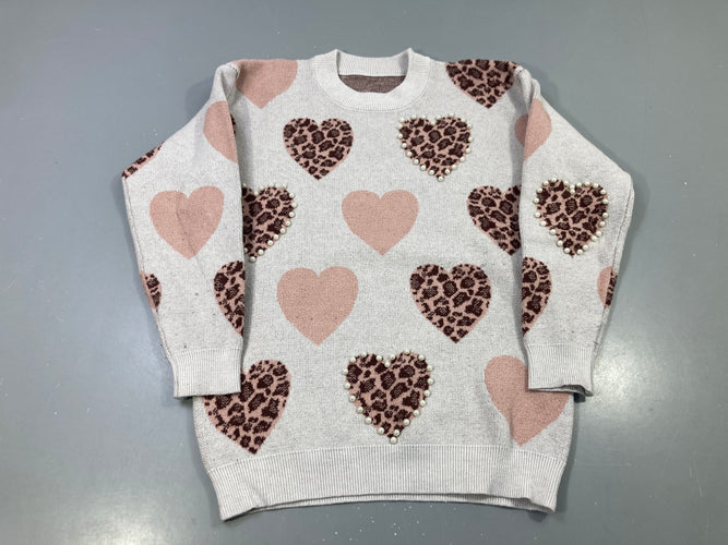 Pull écru chiné coeurs léopard perles Feutré au touché, moins cher chez Petit Kiwi
