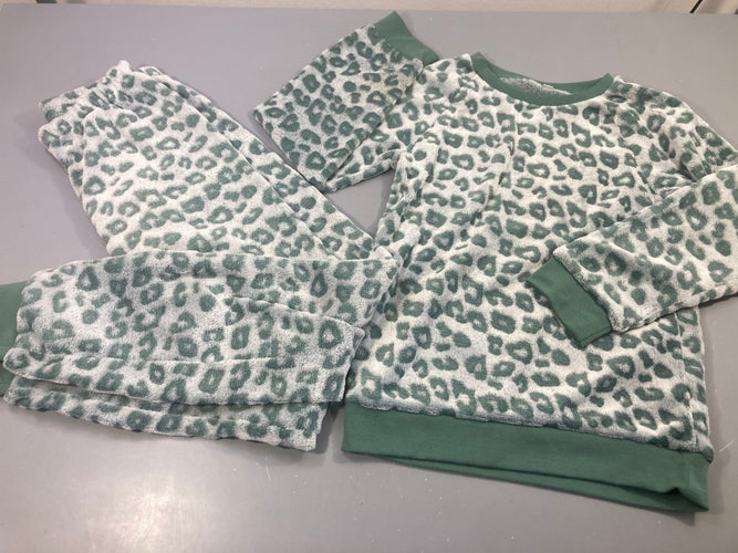 Pyjama 2pcs velours motifs léopard blanc et vert, quelques taches, à relaver, moins cher chez Petit Kiwi