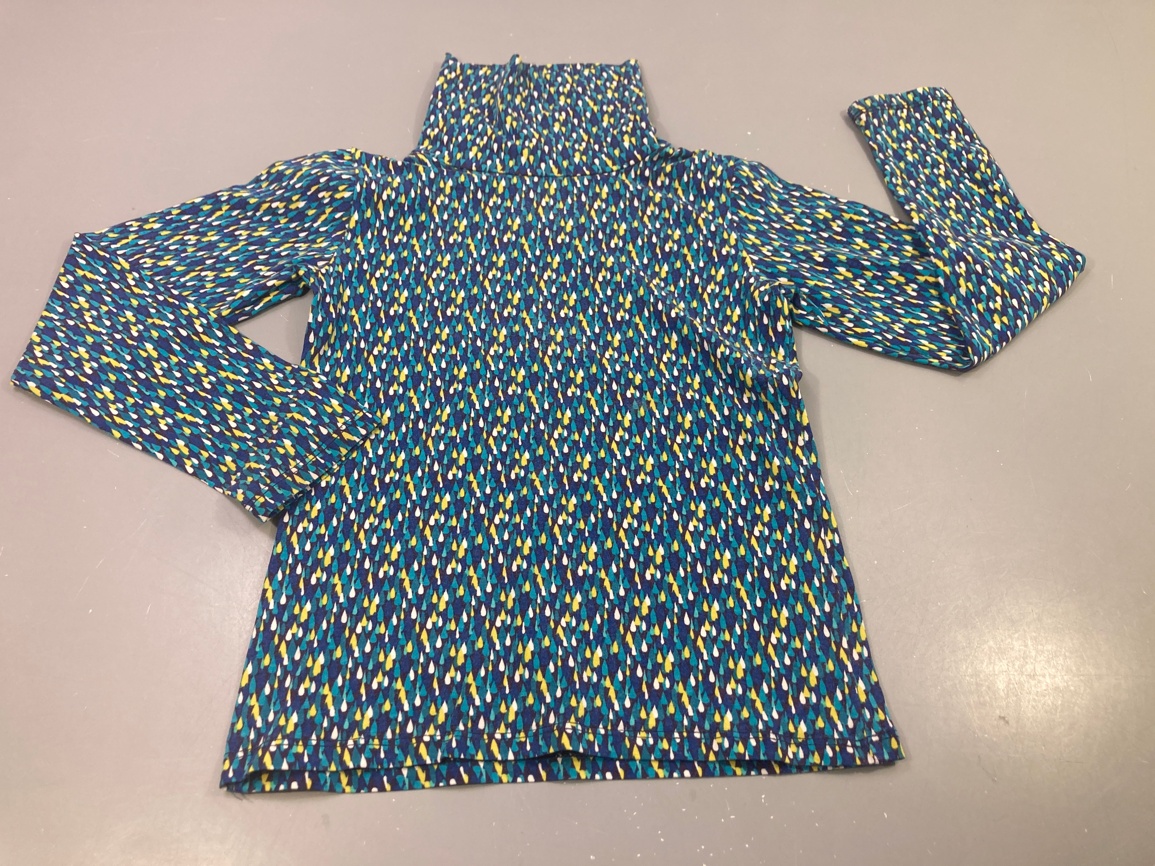 T-shirt m.l col roulé bleu  à motifs gouttes bleu, jaune, blanc