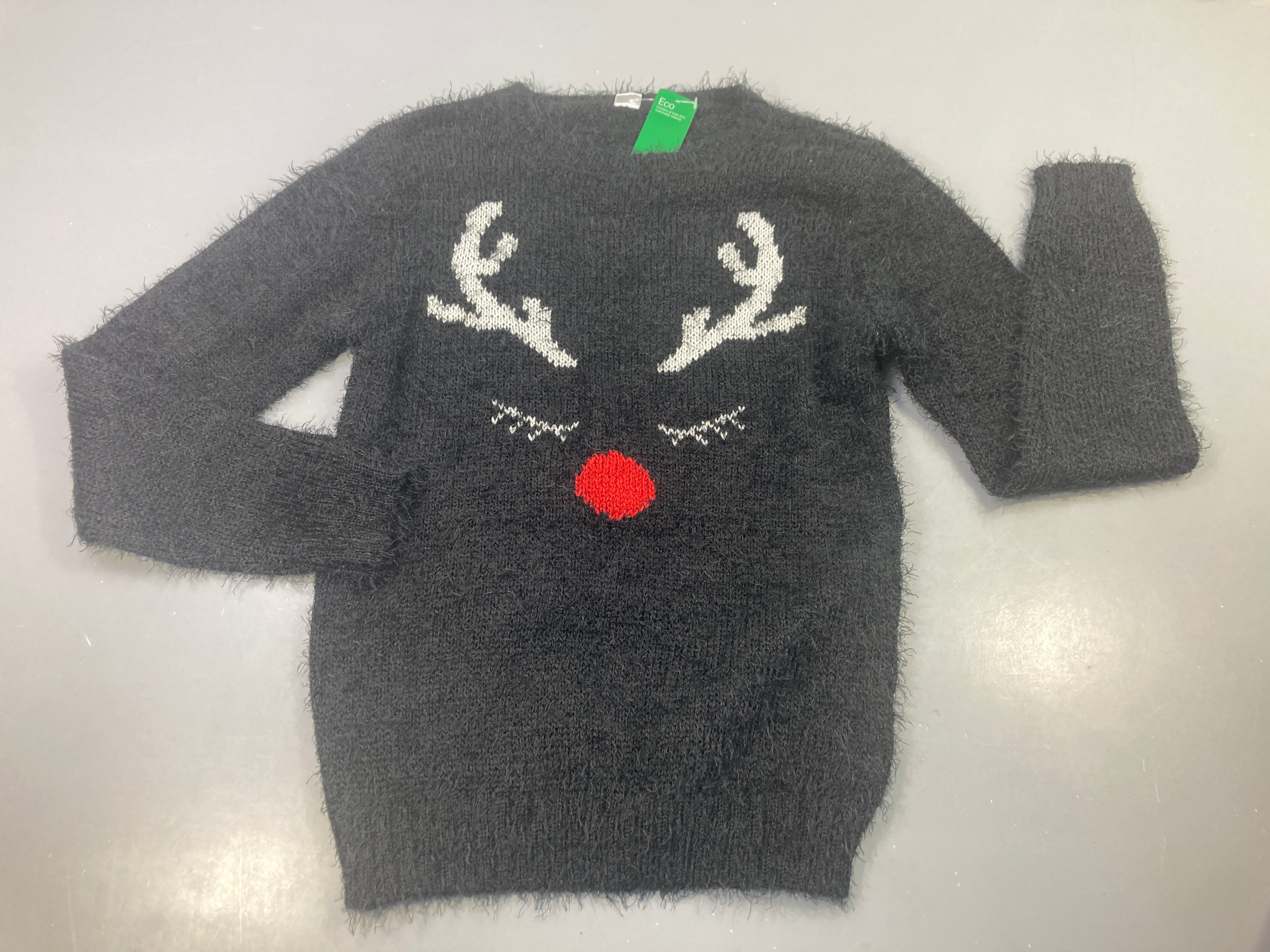 NEUF Pull peluche noir de Noël , tête de renne