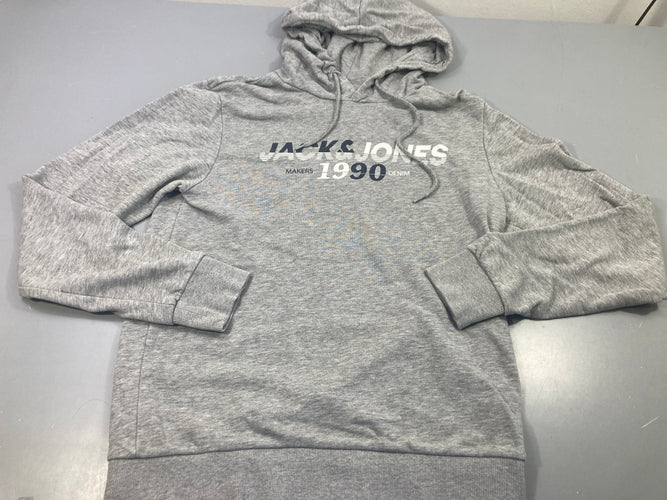 Sweat à capuche gris clair flammé "Jack & Jones 1990",pas de taille indiquée, estimée 16a, moins cher chez Petit Kiwi