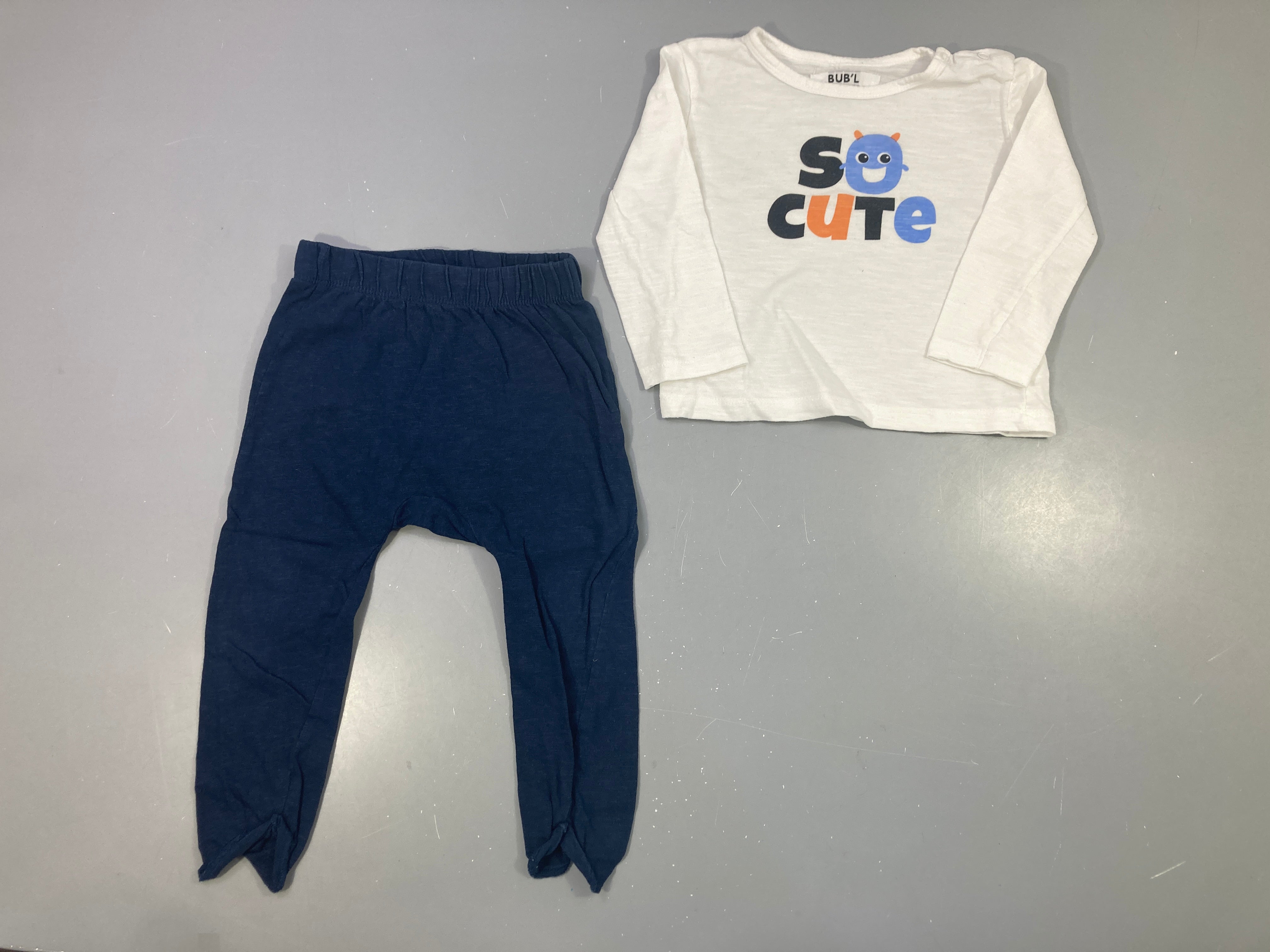 Ensemble 2pcs t-shirt m.l écru monstre, pantalon marine jersey, Bub'l