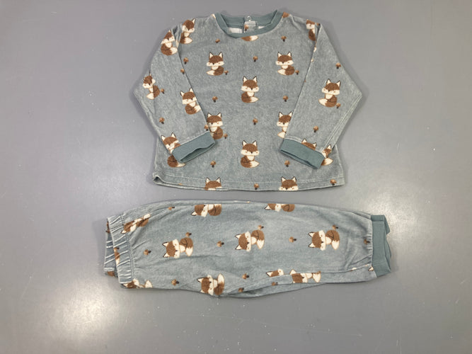 Pyjama 2pcs velours vert gris renards champignons, moins cher chez Petit Kiwi