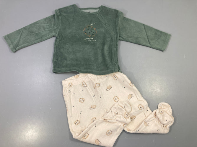 Pyjama 2pcs velours vert sauge écru hérisson sleeping stars, moins cher chez Petit Kiwi
