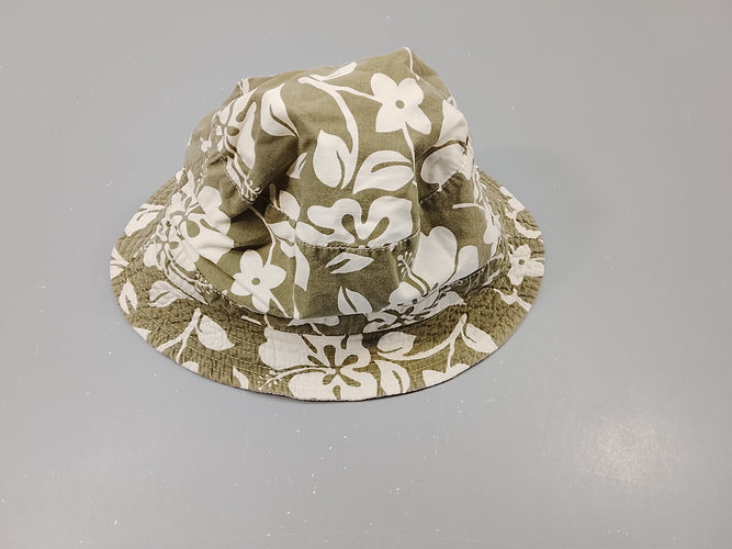 Chapeau d'été réversible kaki à fleurs blanches/ blanc avec bande kaki, moins cher chez Petit Kiwi