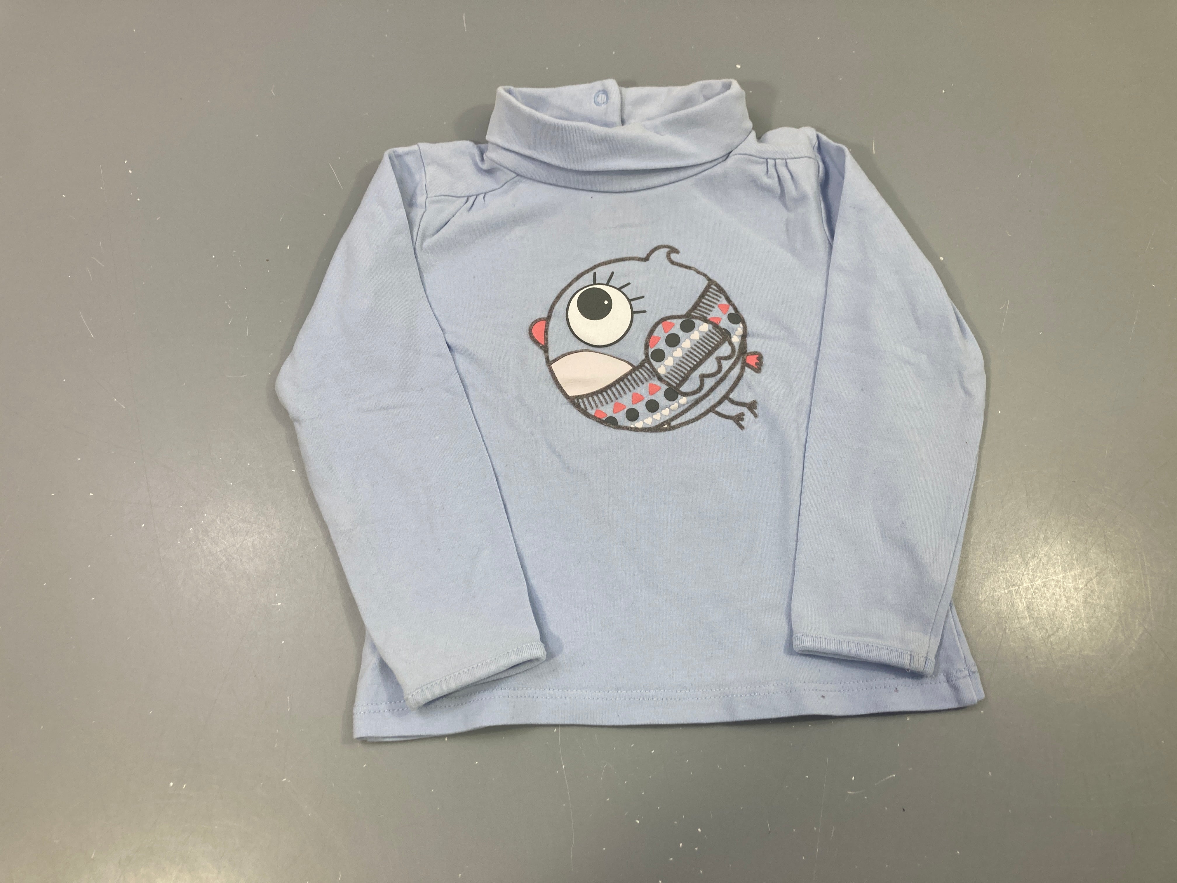 T-shirt m.l col roulé bleu ciel oiseau