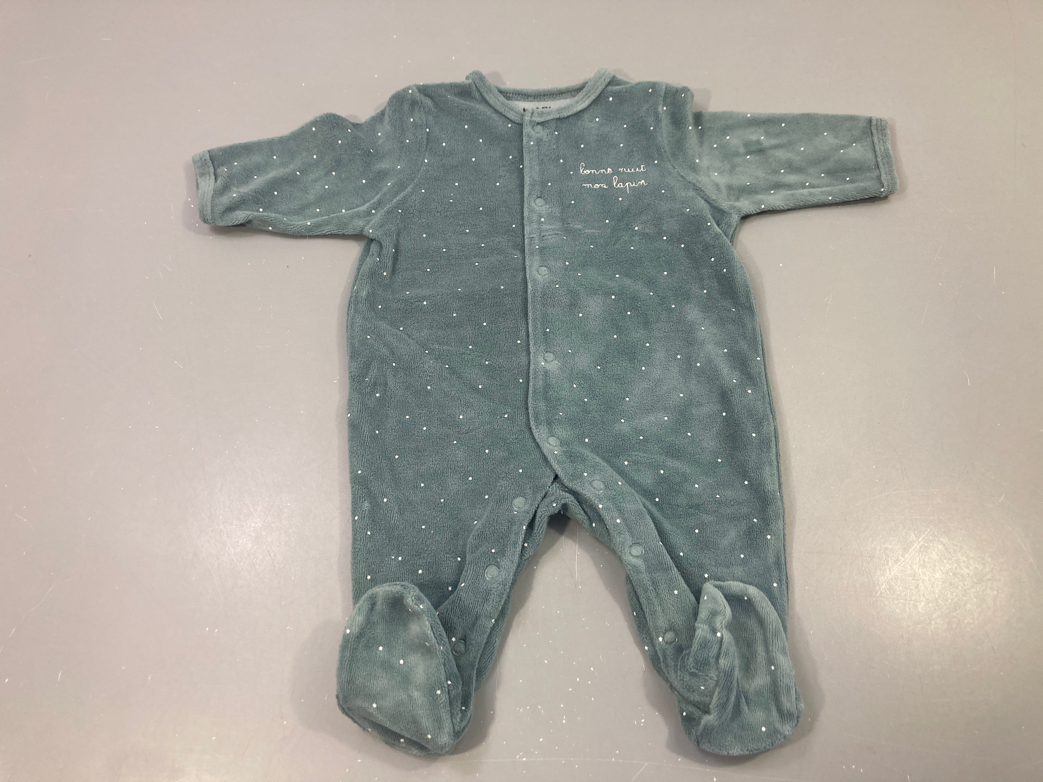 Pyjama velours vert sauge pois bonne nuit mon lapin