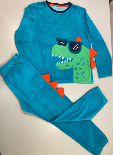 Pyjama 2pcs velours turquoise dinosaure lunettes, moins cher chez Petit Kiwi