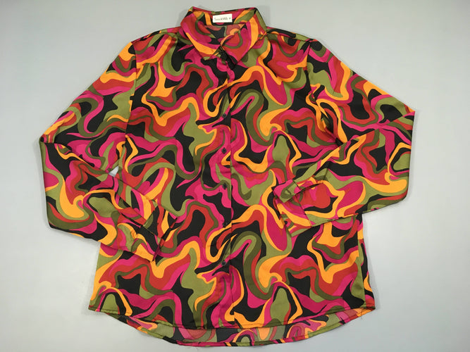 Chemisier satiné m.l motifs multicolores, petite tache à l'avant poitrine à relaver, moins cher chez Petit Kiwi