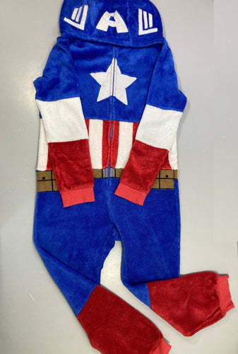 Déguisement combinaison duveteux bleu rouge blanc, Captain America, moins cher chez Petit Kiwi