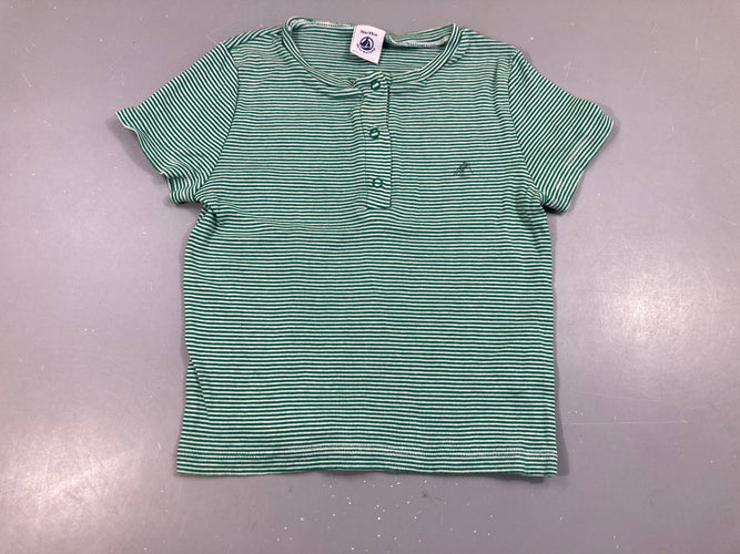 T-shirt m.c rayé blanc/vert, un peu bouloché, moins cher chez Petit Kiwi