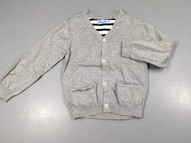 Gilet gris, légèrement bouloché, moins cher chez Petit Kiwi