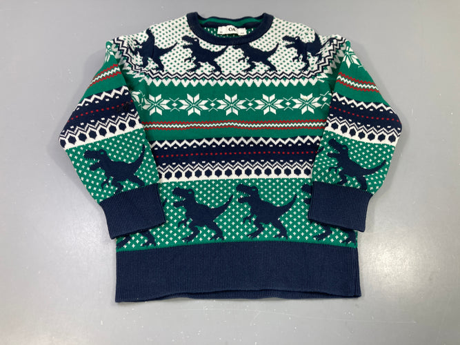 Pull vert marine imprimé dinosaures fair-isle, moins cher chez Petit Kiwi