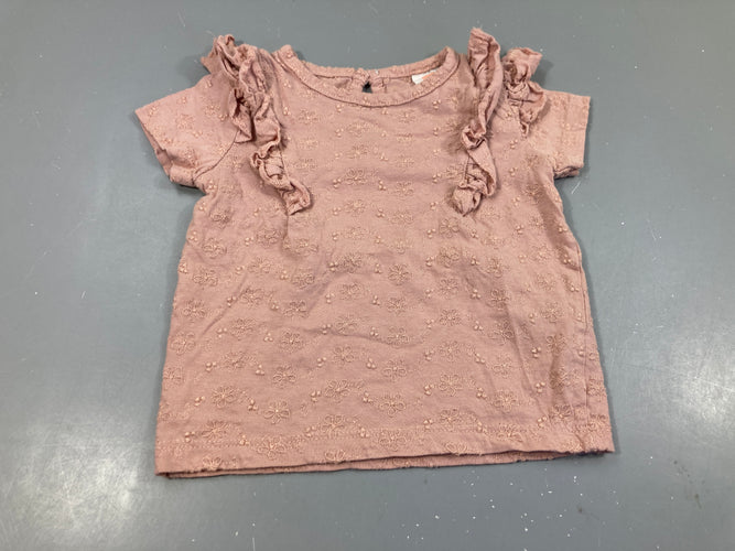T-shirt m.c rose fleurs brodées froufrous, moins cher chez Petit Kiwi