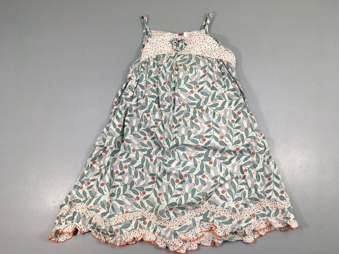Robe fines bretelles blanche feuillage bleu clair/rose pois, moins cher chez Petit Kiwi