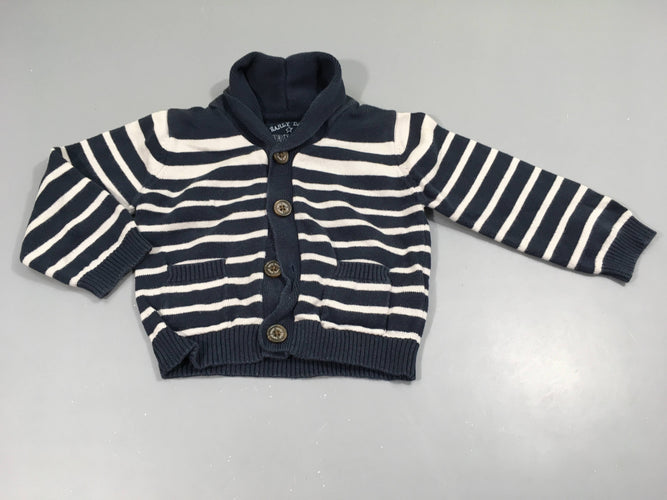 Gilet col châle bleu marine rayé blanc, moins cher chez Petit Kiwi