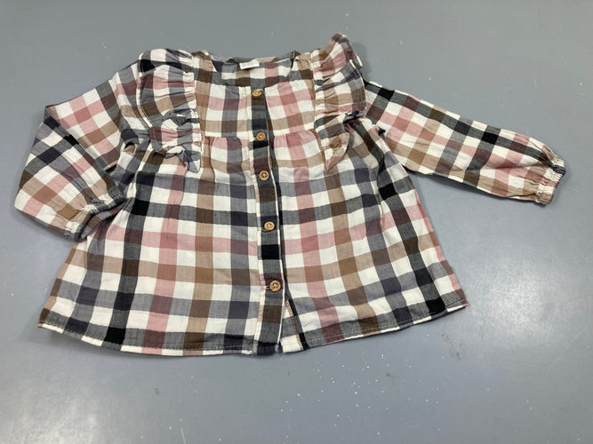 Chemisier ml à carreaux blanc/rose/nnoir froufrous, moins cher chez Petit Kiwi