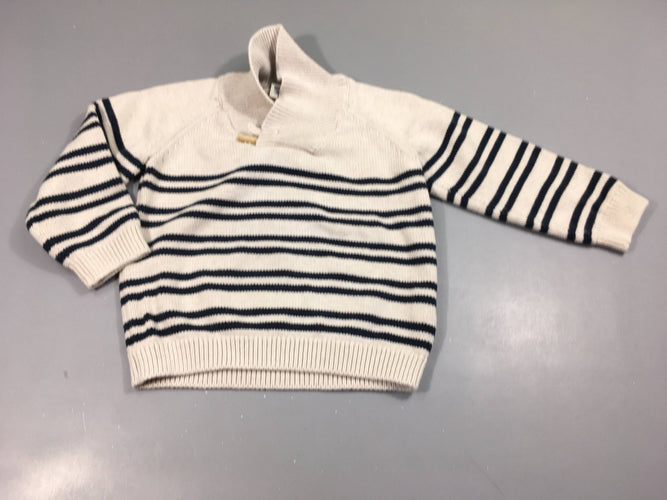 Pull col châle écru, rayé bleu marine, moins cher chez Petit Kiwi