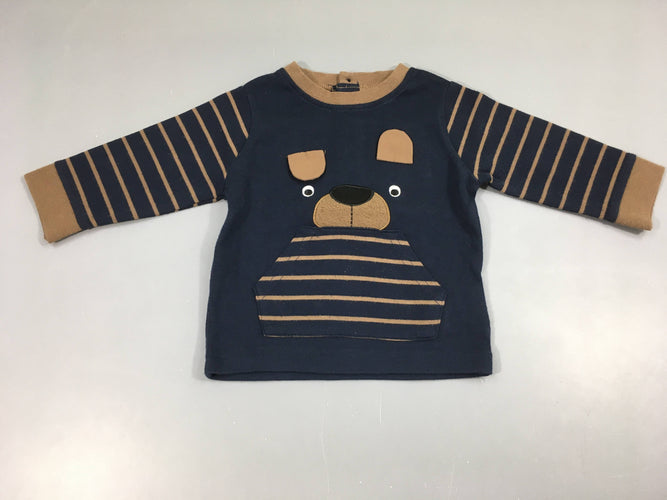 T-shirt m.l bleu foncé rayé brun chien, très légèrement bouloché, moins cher chez Petit Kiwi