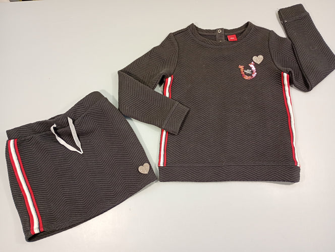 Ensemble pull bleu marine texturé bandes rouge, blanc ,pailleté , Coeur argenté pailleté +jupe assortie. Légèrement bouloché , taches blanches à la manche gauche, moins cher chez Petit Kiwi