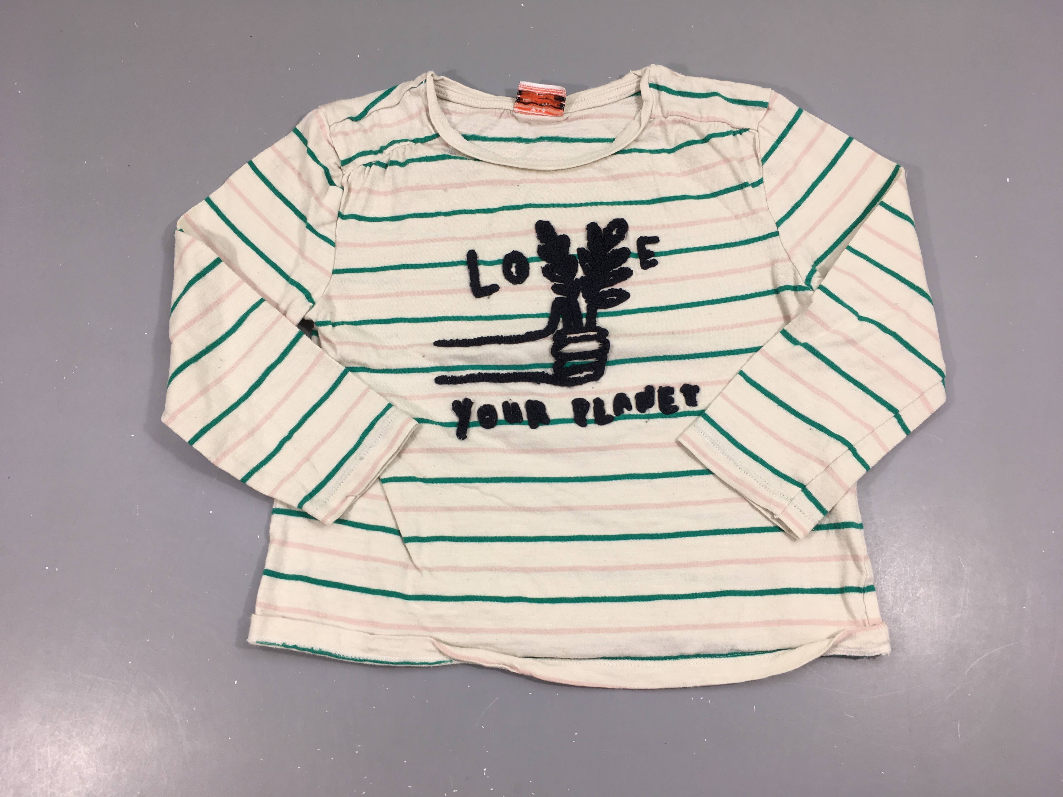 T-shirt m.l écru rayé vert/rose love, légèrement bouloché