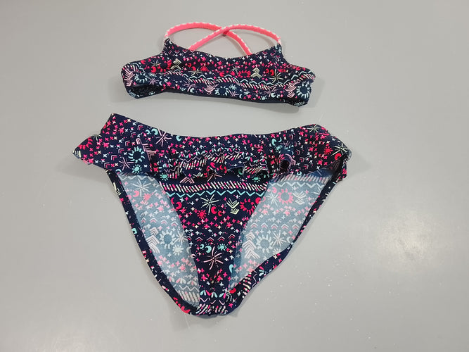 Bikini bleu marine, motifs blanc, rose,bleu, Pas detaille indiquée, estimée  12-13a, moins cher chez Petit Kiwi