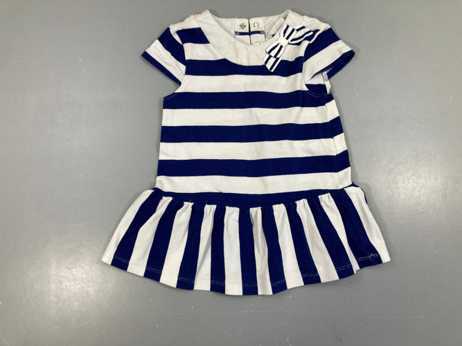 Robe m.c jersey blanc rayé bleu légèrement boulochée, moins cher chez Petit Kiwi