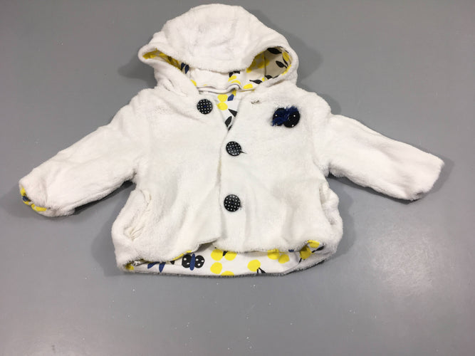 Gilet veste réversible à capuche  velours blanc, boutons bleu marine à pois blancs/  blanc  à motifs jaune , bleu marine,...+ bonnet en jersey assorti, moins cher chez Petit Kiwi