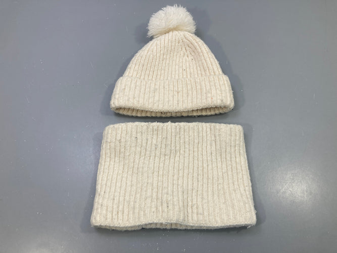Bonnet pompon + snood assortis écru, moins cher chez Petit Kiwi