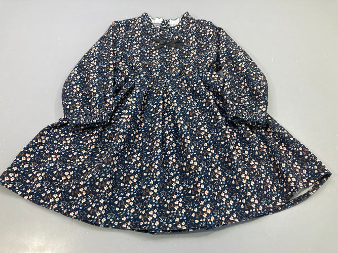 Robe velours m.l bleu marine fleuri nouée, moins cher chez Petit Kiwi