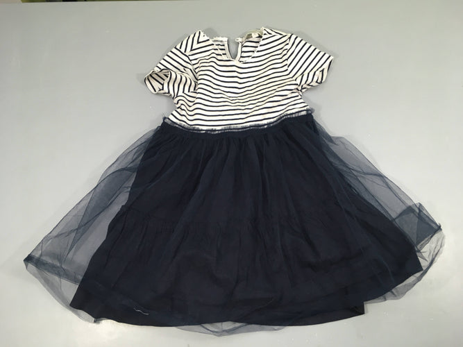 Robe m.c bi-matière blanc rayé bleu haut/tulle bas bleu foncé, moins cher chez Petit Kiwi