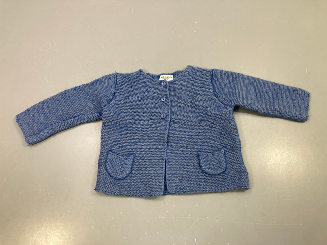 Gilet bleu chiné à pois, légèrement bouloché, moins cher chez Petit Kiwi