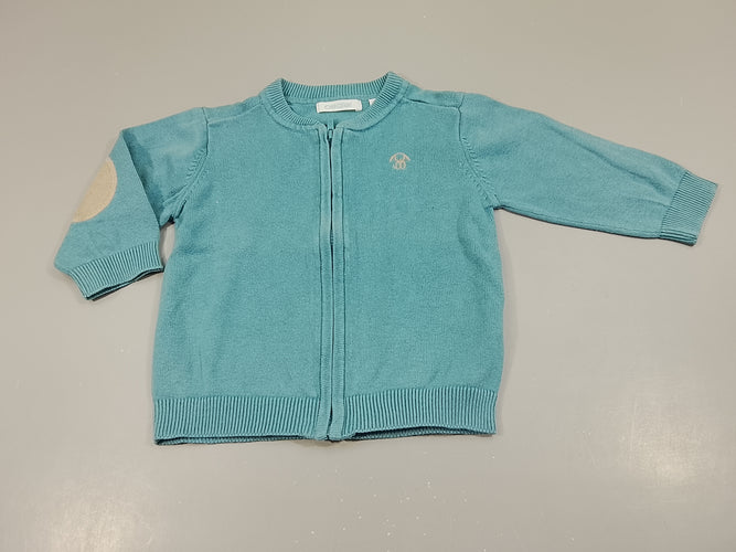Gilet  bleu zippé, petit lapin beige. Empiècement aux coudes beiges.Très légèrement boulochés, moins cher chez Petit Kiwi