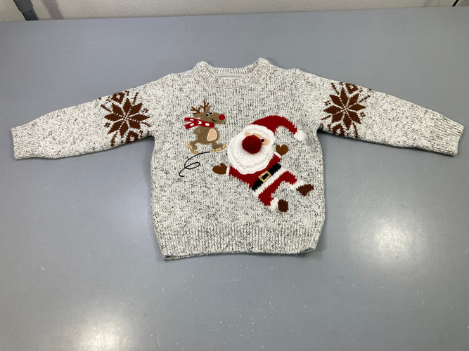 Pull gris chiné brodé Père Noël renne flocons, moins cher chez Petit Kiwi