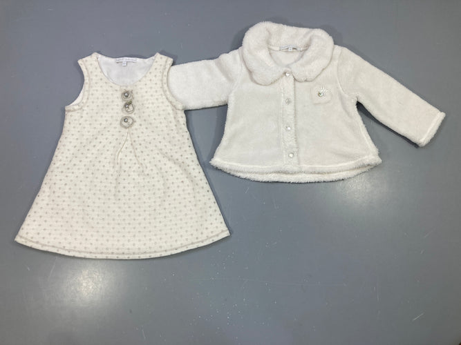 Robe s.m écrue à pois + gilet fausse fourrure écru assorti, moins cher chez Petit Kiwi