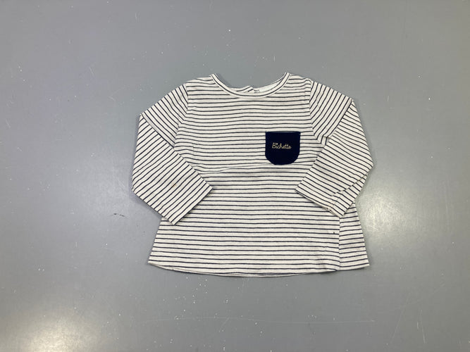 T-shirt m.l écru rayé bleu marine, poche brodée Bichette, moins cher chez Petit Kiwi