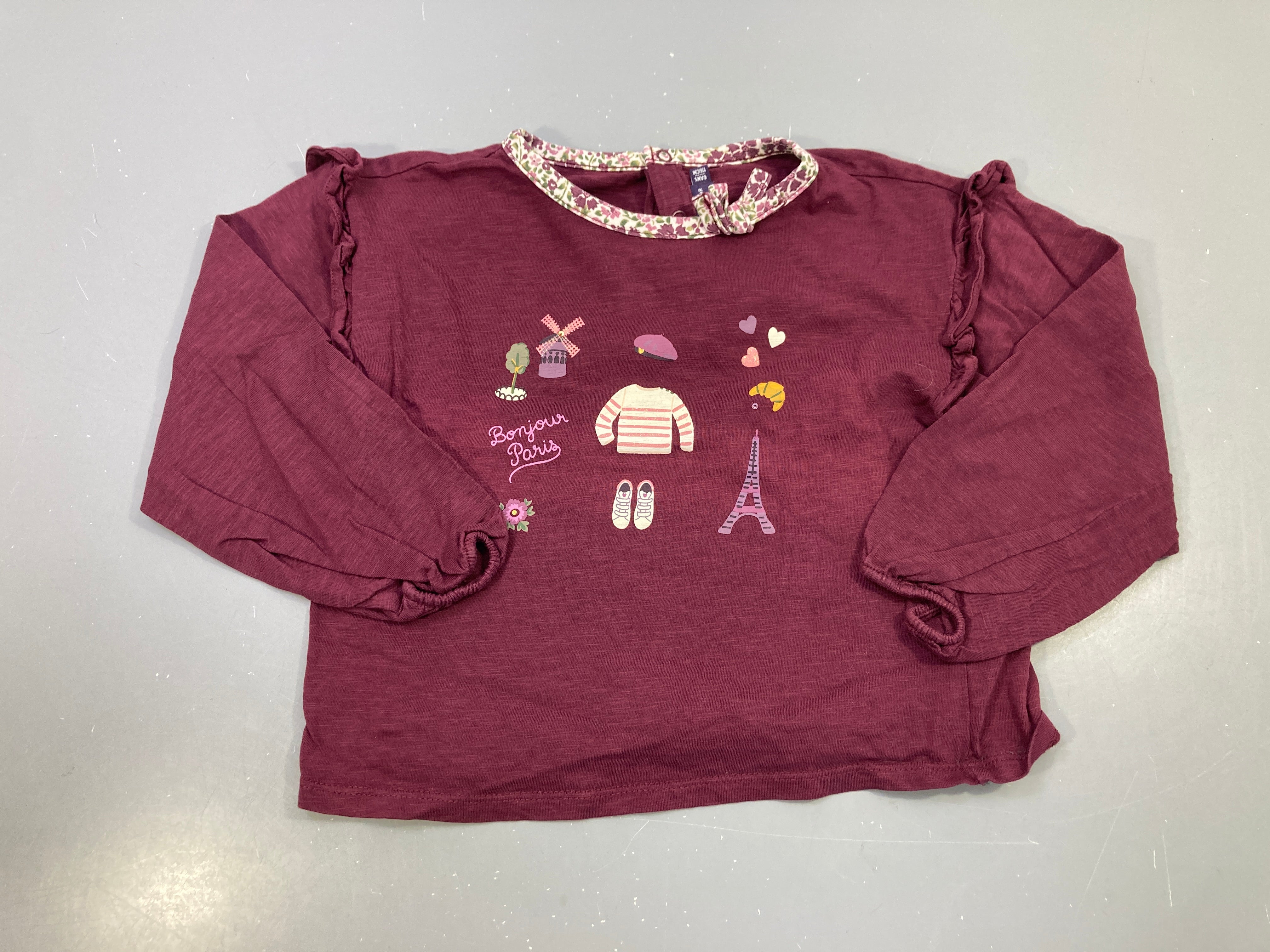 T-shirt m.l bordeaux imprimé Bonjour Paris, volants
