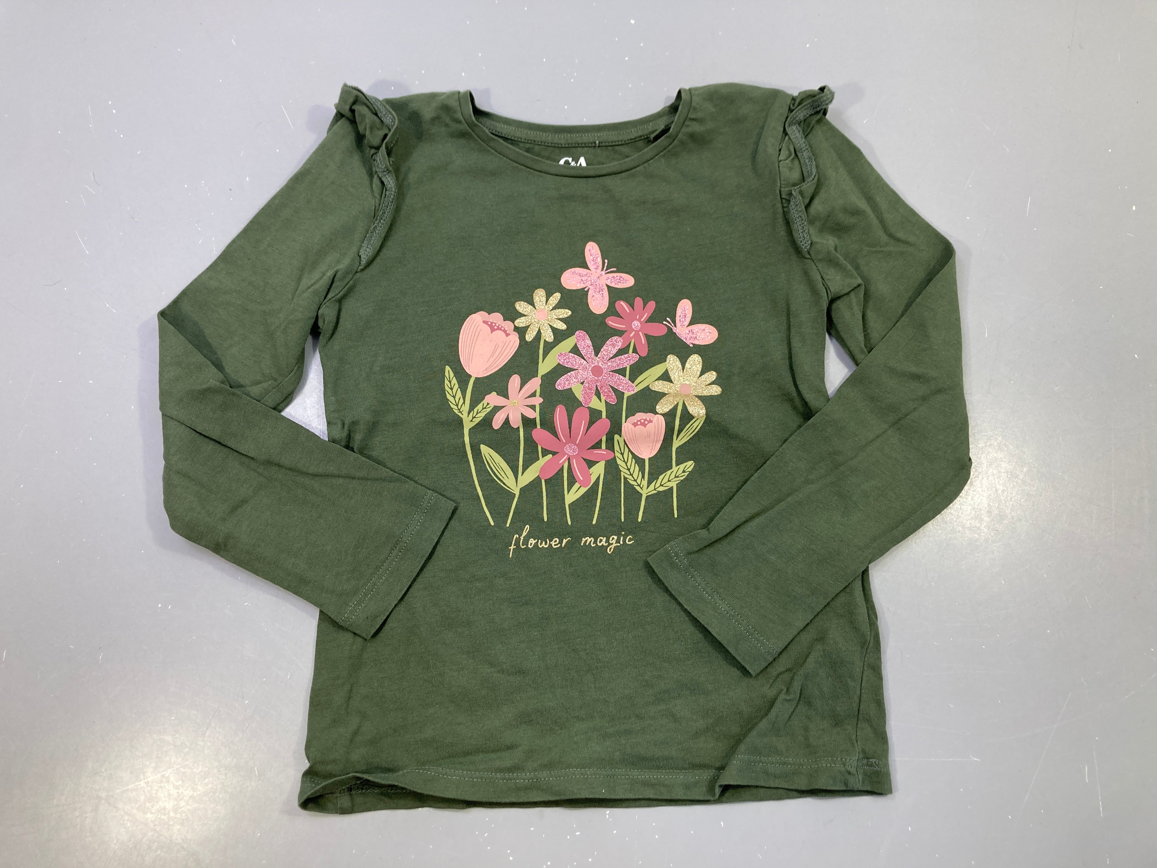T-shirt m.l vert imprimé fleurs, flower magic
