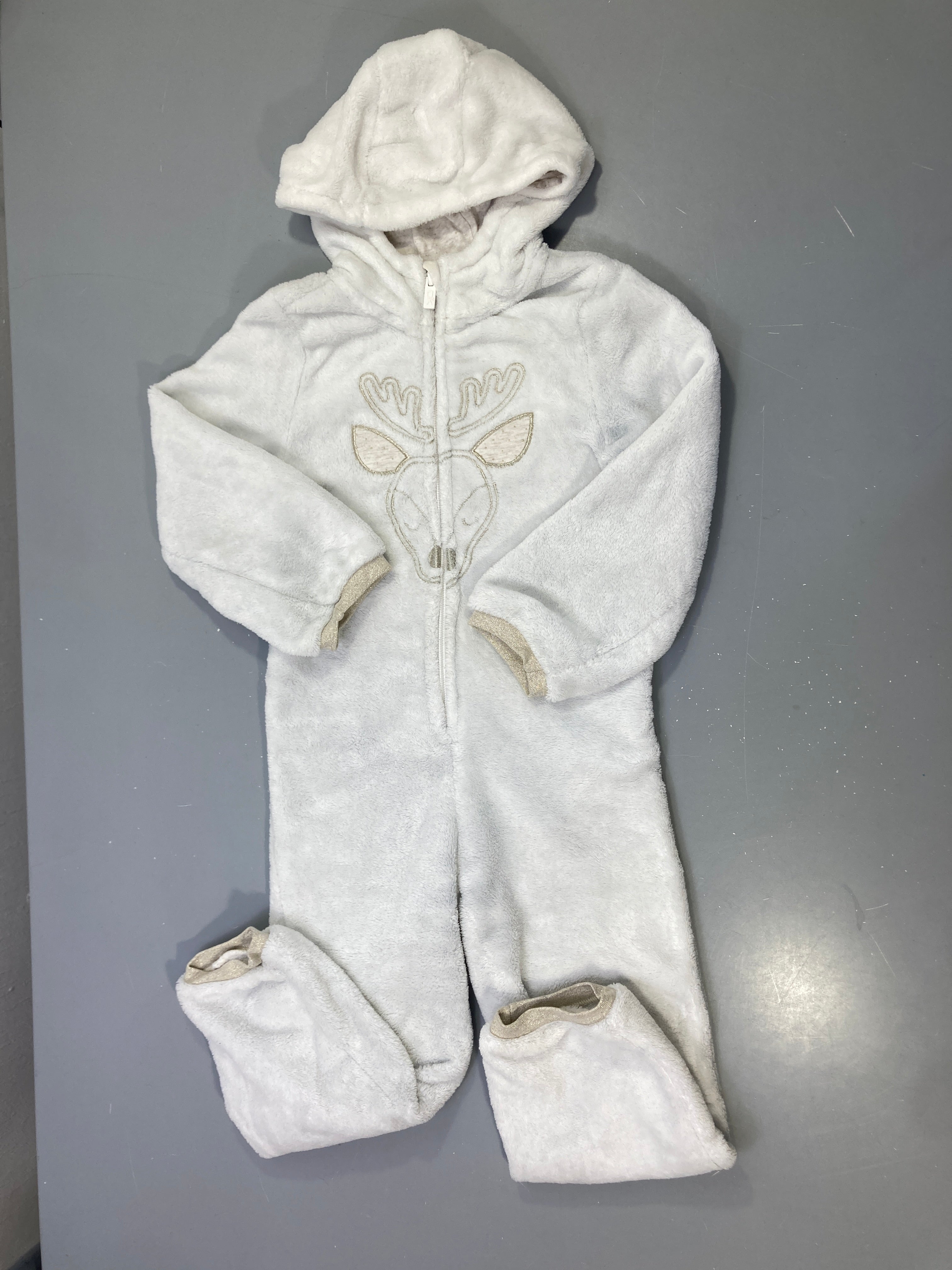 Surpyjama polaire écru capuche, cerf brodé