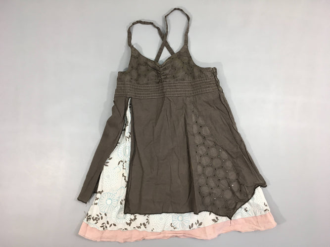 Robe fines bretelles brune dentelle effet superposé bleu clair motifs, moins cher chez Petit Kiwi