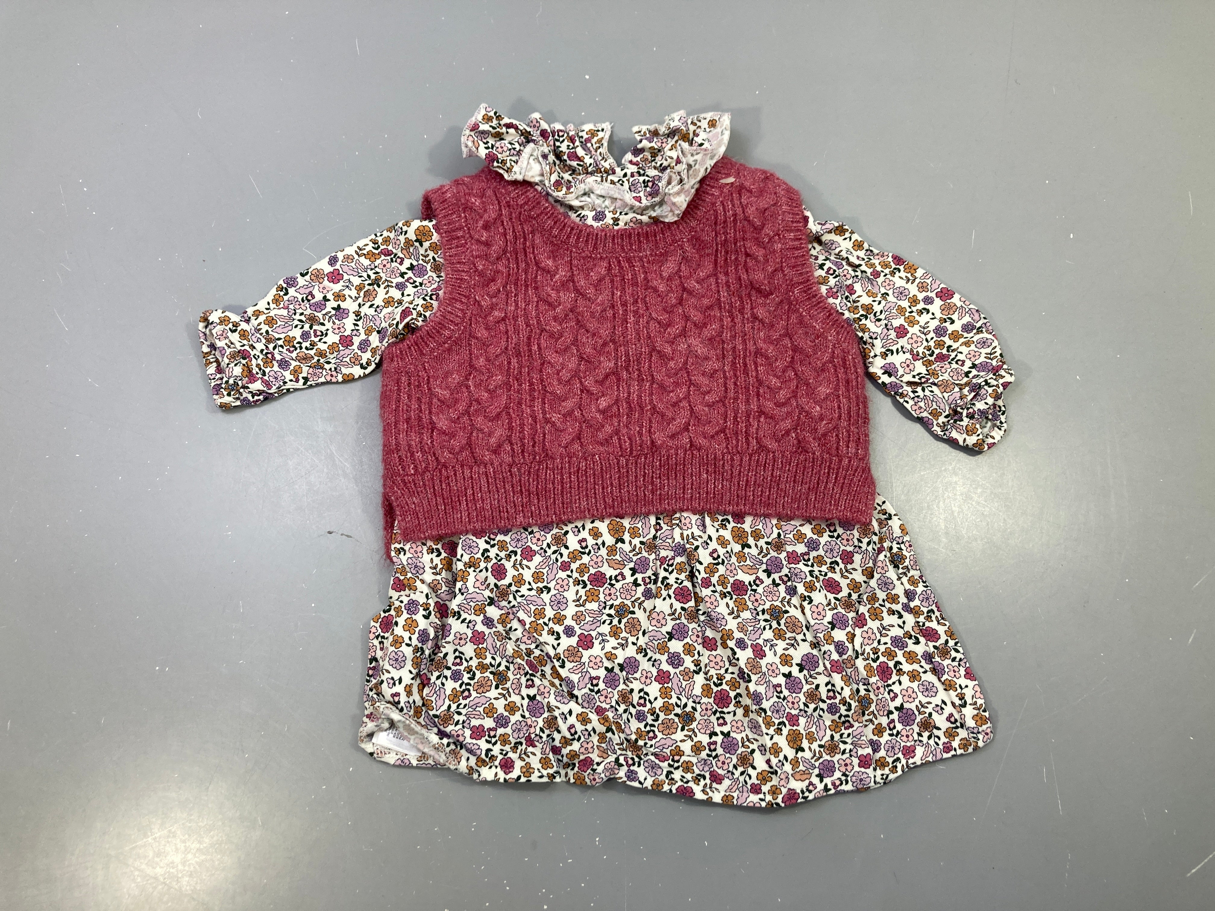 Ensemble robe fleurie m.l + pull s.m bordeaux torsadé