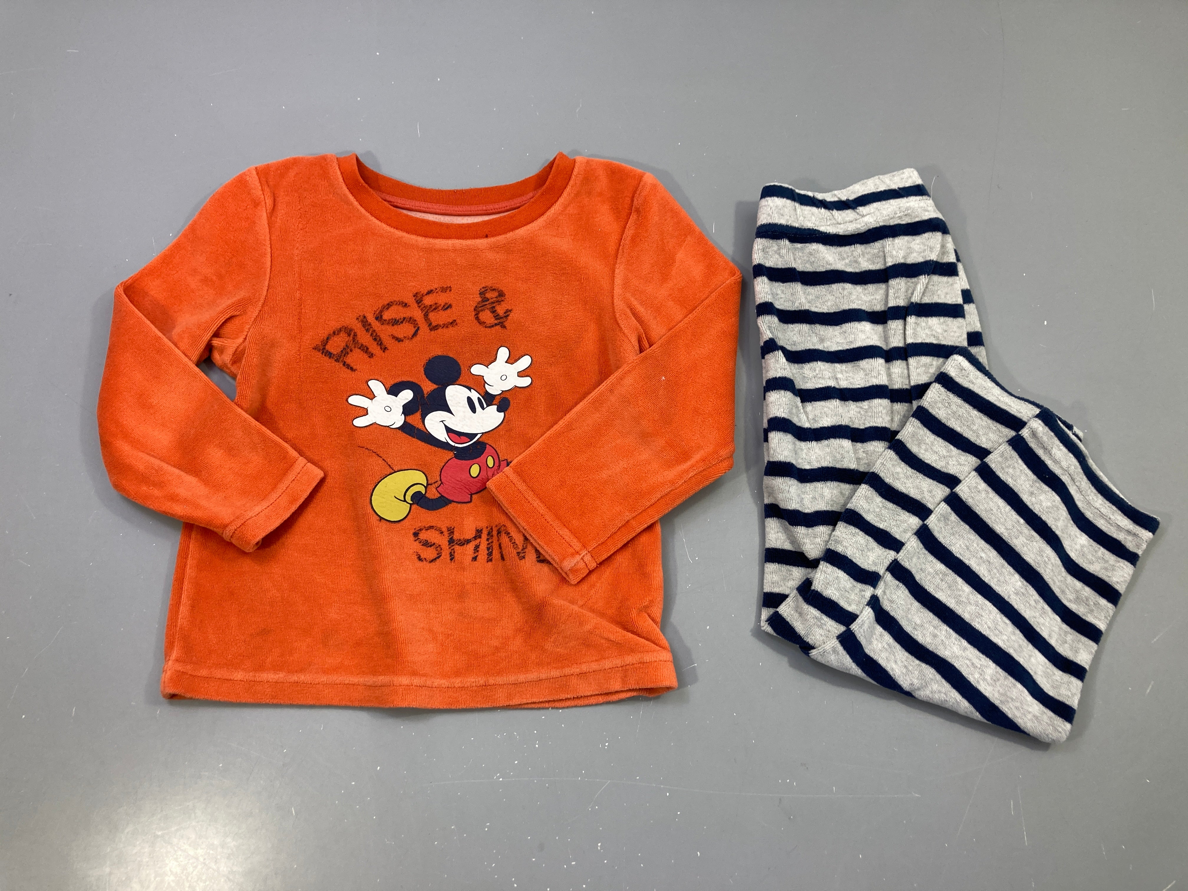 Pyjama 2pcs orange Mickey, bas rayé gris/marine