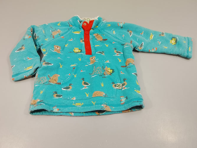 Pull Fugi en coton organique bleu turquoise motifs animaux d'étang , doublure polaire  Sherpa. Légèrement bouloché., moins cher chez Petit Kiwi