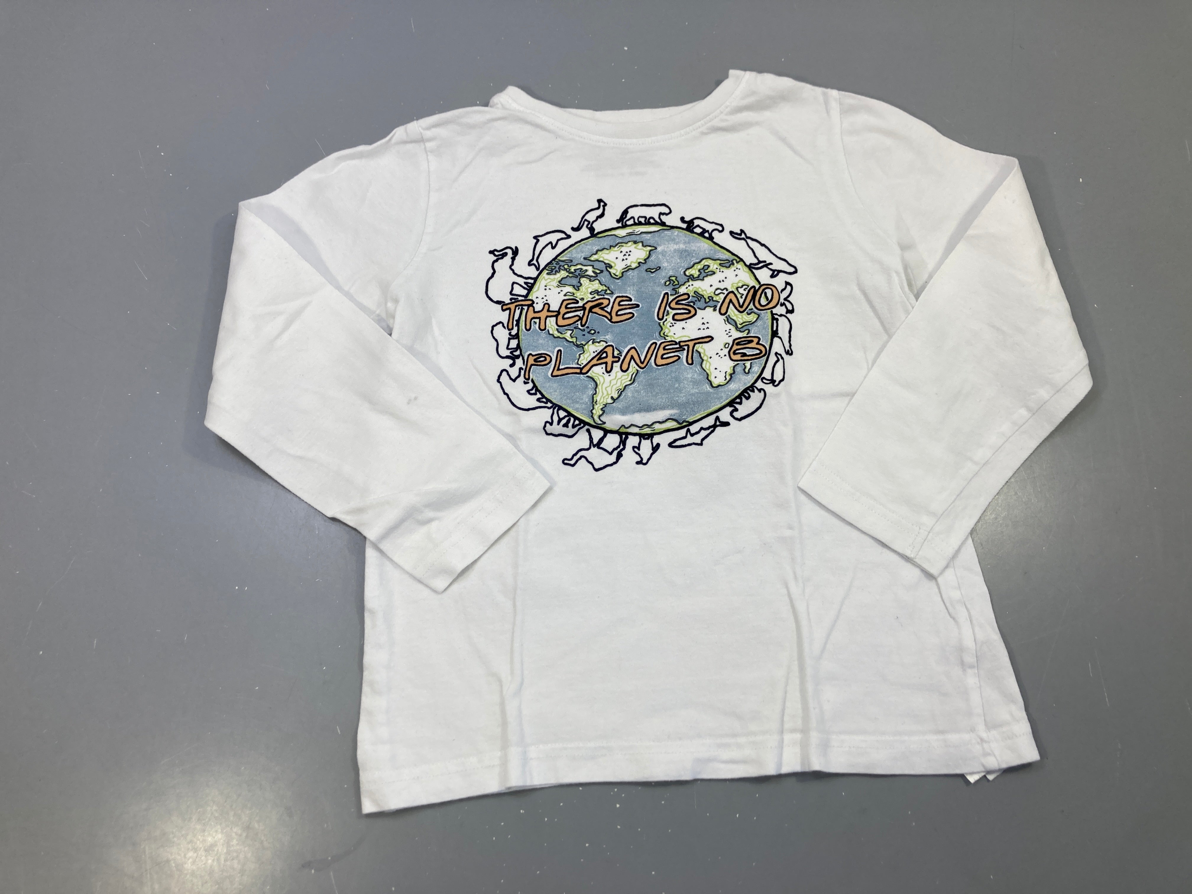 T-shirt m.l blanc imprimé terre, there is no planet B, taché légèrement manches